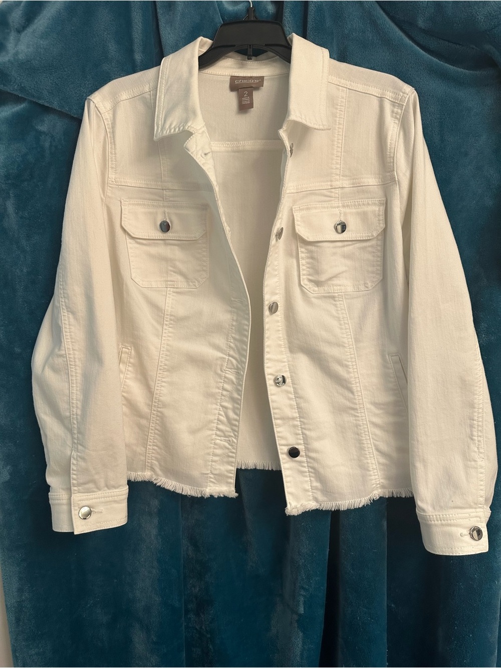 Chico's White Frayed-Hem Denim Jacket